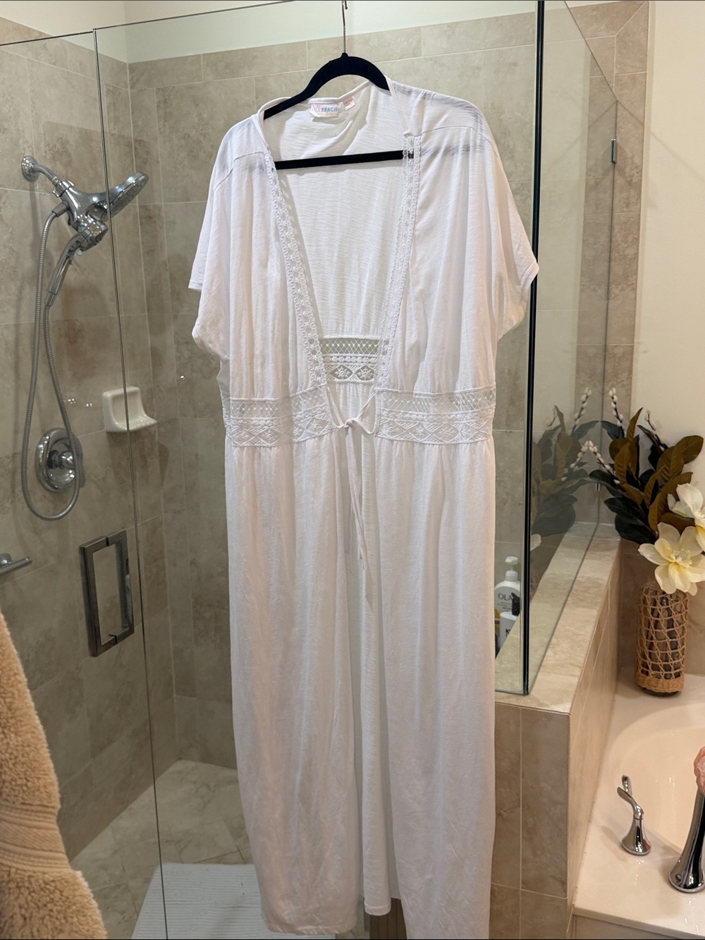Women’s White Lace-Trim Swim Coverup Kimono with Waist Tie